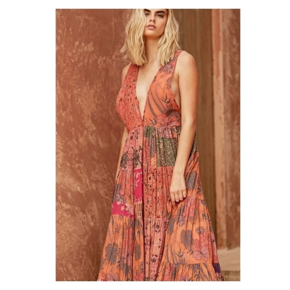 Mes Demoiselles Bonnie Floral Maxi Dress Deep V Boho Multicolor 38